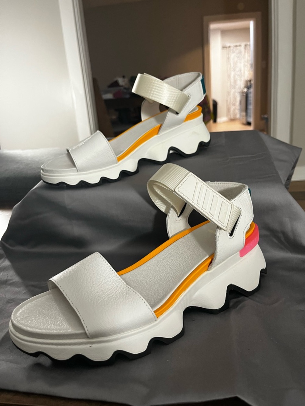Sorel White Platform Sandals with Orange and Pink Trim